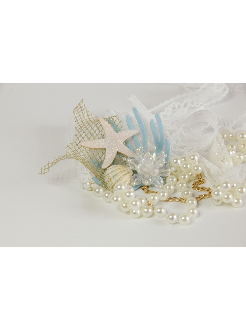 Fashion Mermaid Coral Shell White Pearl Net Yarn Lace Seaside Beach Travel Party Hairband