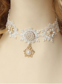 Bride Vintage Baroque Palace Style White Pearl Flower Lace Handmade Female Choker
