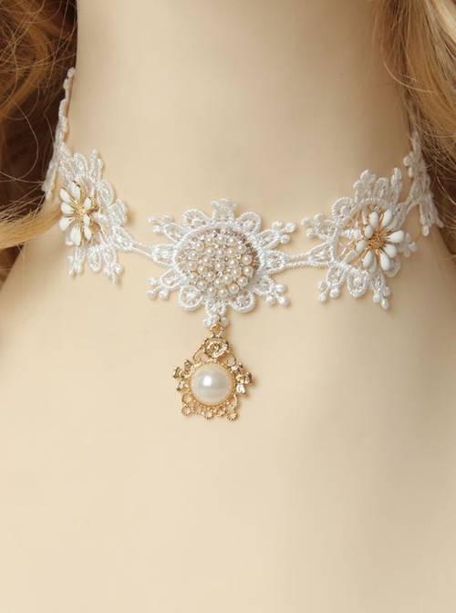 Bride Vintage Baroque Palace Style White Pearl Flower Lace Handmade Female Choker