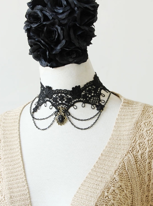 Elf Gothic Retro Black Lace Flower Festival Dress Chain Choker
