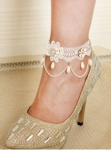Baroque Retro White Lace Pearl Flowers Bride Bridesmaid Wedding Dress Personality Exquisite Anklet
