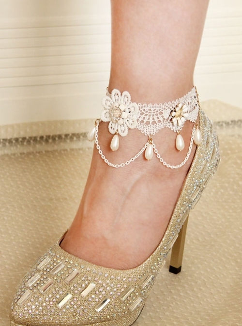 Baroque Retro White Lace Pearl Flowers Bride Bridesmaid Wedding Dress Personality Exquisite Anklet