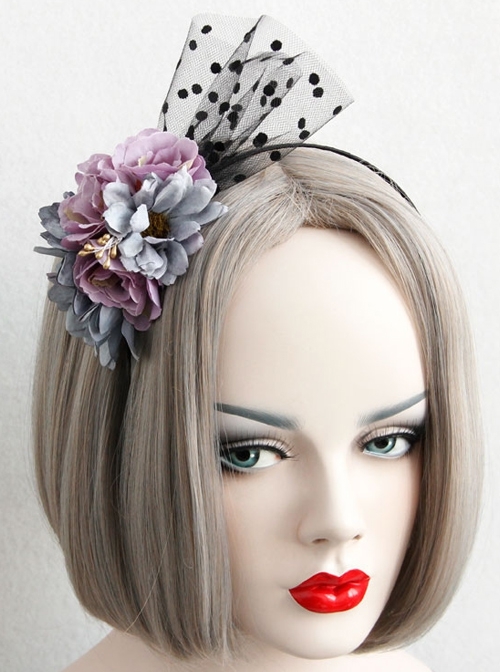 Creative Mesh Purple Blue Flowers Temperament Female Christmas Dress Retro Headband