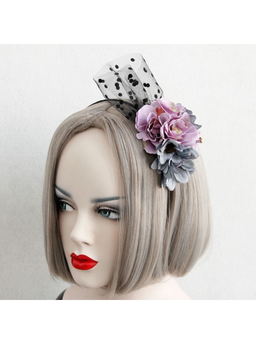 Creative Mesh Purple Blue Flowers Temperament Female Christmas Dress Retro Headband