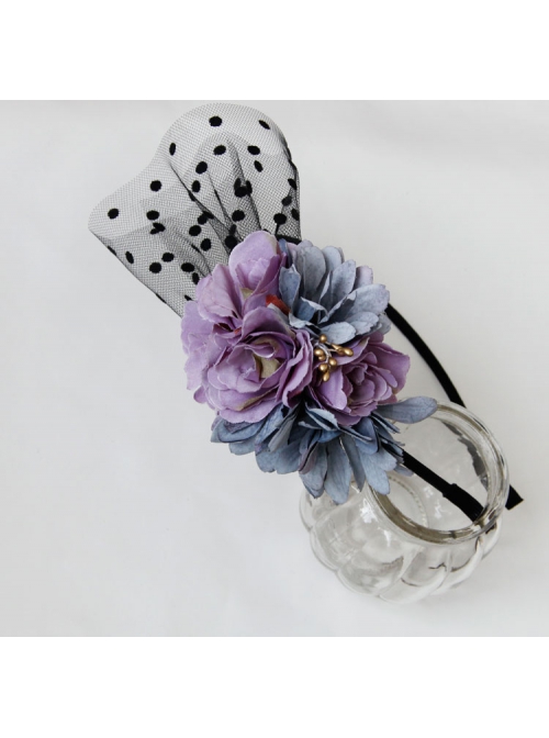 Creative Mesh Purple Blue Flowers Temperament Female Christmas Dress Retro Headband