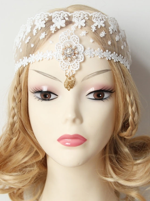 Baroque Vintage White Lace Pearls Prom Princess Bride Wedding Wedding Veil Mask