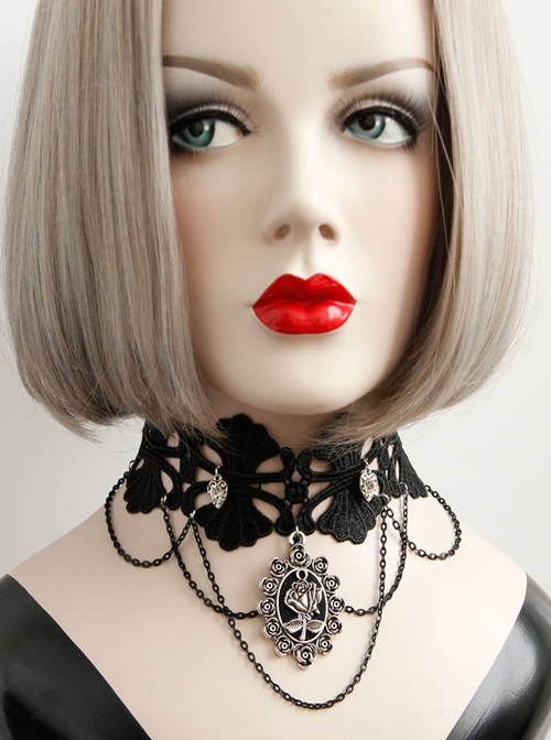 Dark Gothic Retro Love Heart Chain Black Lace Rose Choker