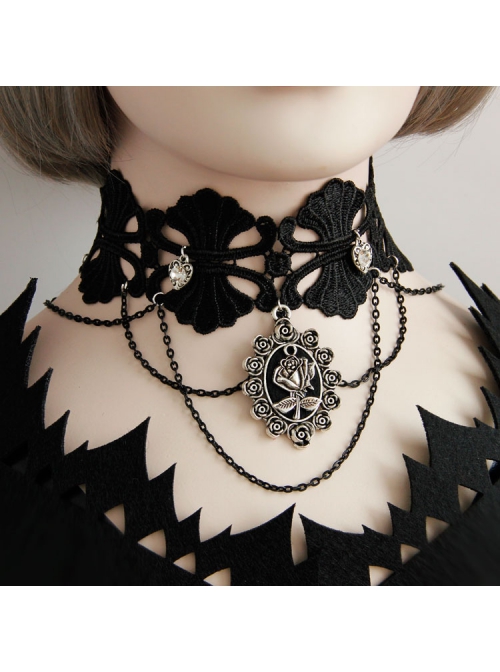 Dark Gothic Retro Love Heart Chain Black Lace Rose Choker