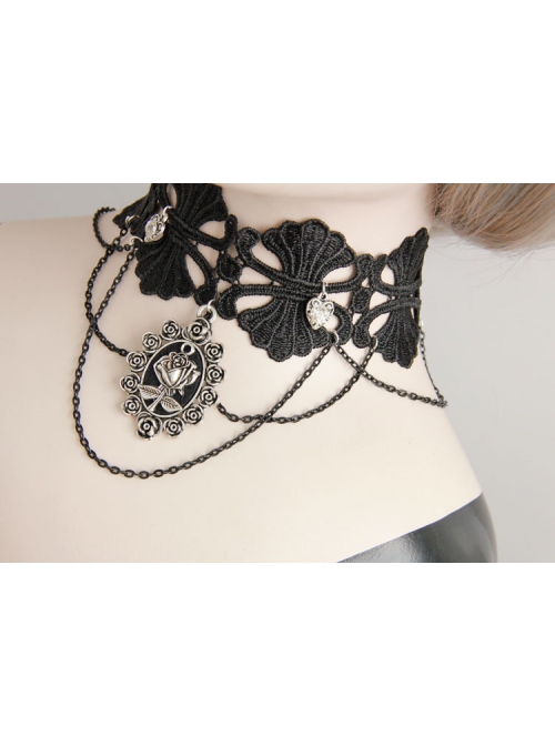 Dark Gothic Retro Love Heart Chain Black Lace Rose Choker