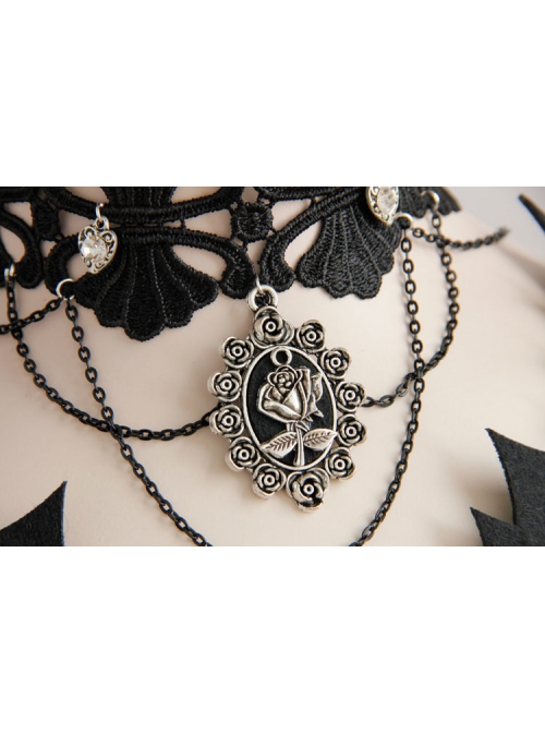 Dark Gothic Retro Love Heart Chain Black Lace Rose Choker