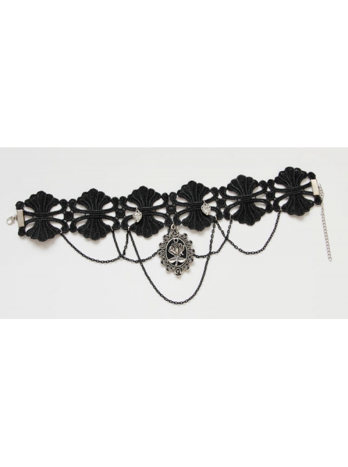 Dark Gothic Retro Love Heart Chain Black Lace Rose Choker