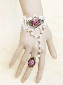 Retro Fashion Baroque Pink Rose Flower Female White Lace Pearl Bracelet With Ring One Chain