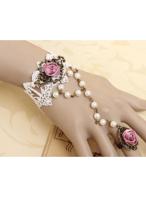Retro Fashion Baroque Pink Rose Flower Female White Lace Pearl Bracelet With Ring One Chain