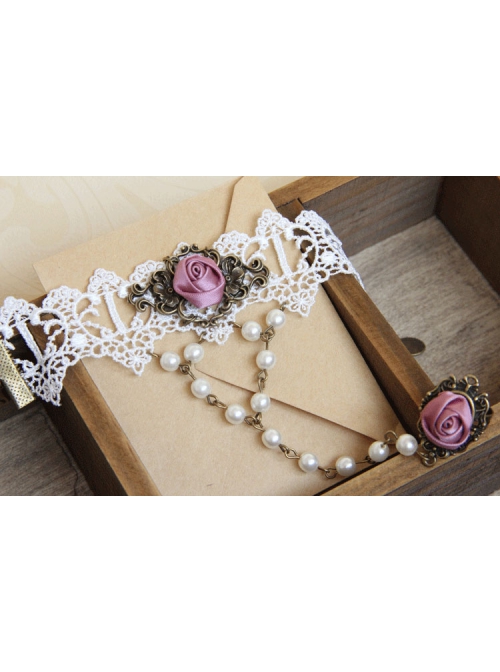 Retro Fashion Baroque Pink Rose Flower Female White Lace Pearl Bracelet With Ring One Chain