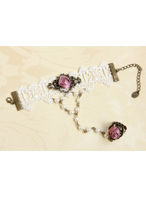 Retro Fashion Baroque Pink Rose Flower Female White Lace Pearl Bracelet With Ring One Chain