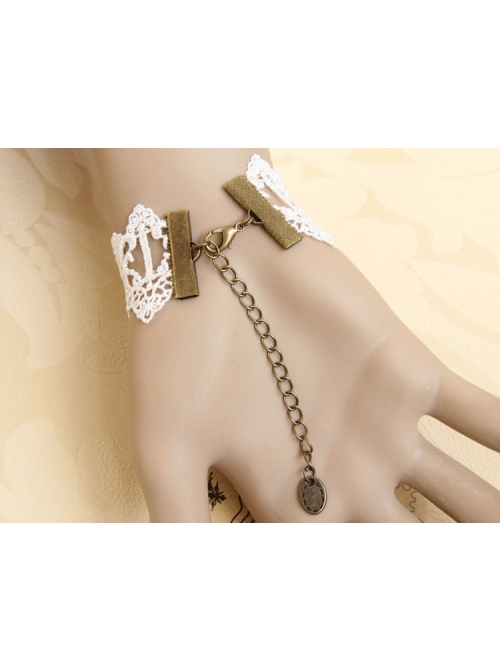 Retro Fashion Baroque Pink Rose Flower Female White Lace Pearl Bracelet With Ring One Chain