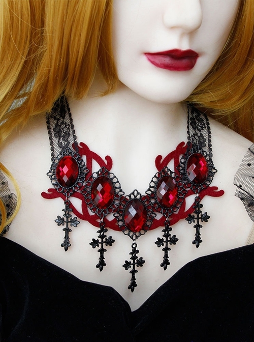 Retro Vampire Style Halloween Gothic Punk Exaggerated Cross Ruby Black Lace Choker