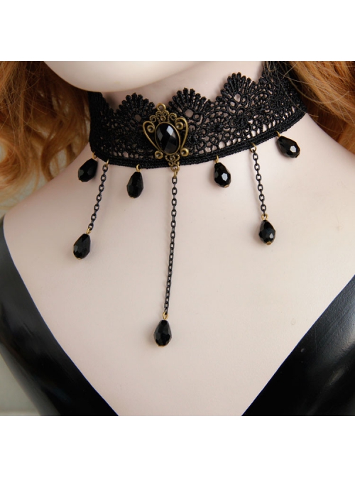 Retro Gothic Black Lace Flower Tassel Man-Made Crystal Female Choker