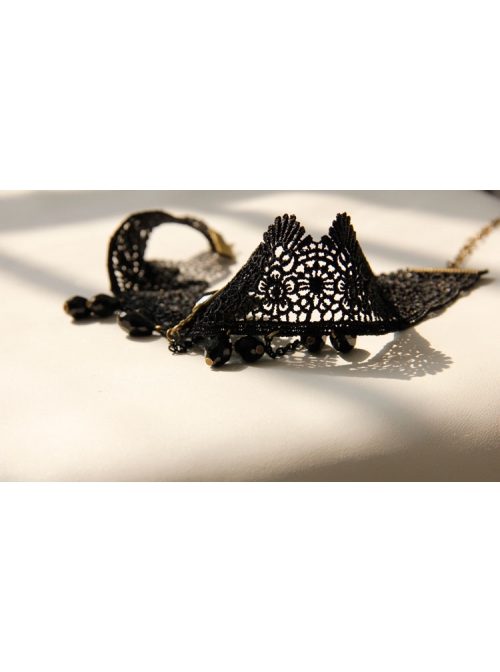 Retro Gothic Black Lace Flower Tassel Man-Made Crystal Female Choker