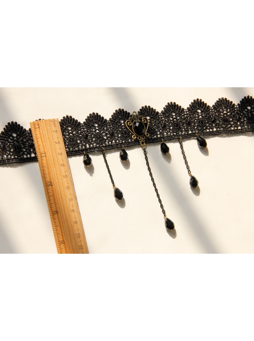 Retro Gothic Black Lace Flower Tassel Man-Made Crystal Female Choker