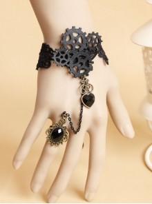Punk Retro Fashion Black Lace Gear Love Party Bracelet With Ring One Chain
