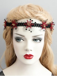 Fashion Gothic Retro Polka Dot Black Lace Red Flower Stretch Sport Hairband