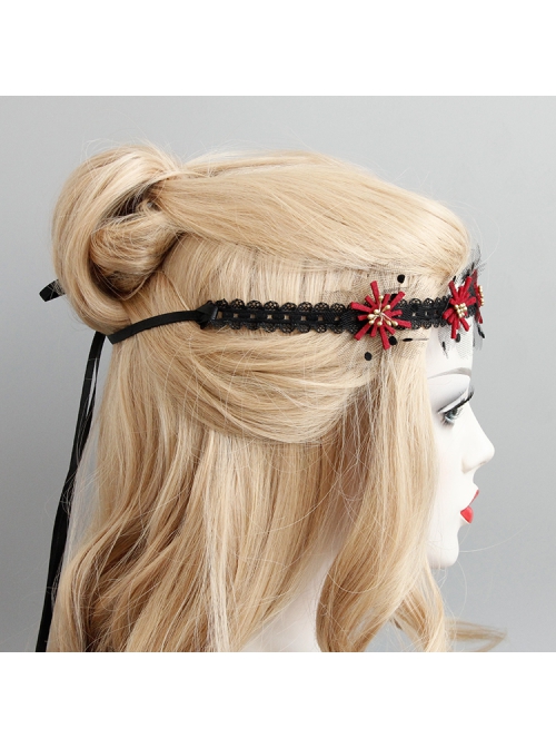 Fashion Gothic Retro Polka Dot Black Lace Red Flower Stretch Sport Hairband