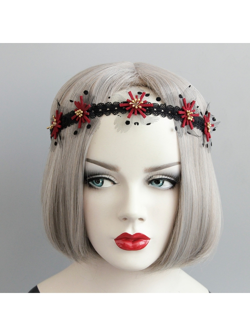 Fashion Gothic Retro Polka Dot Black Lace Red Flower Stretch Sport Hairband
