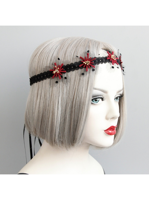 Fashion Gothic Retro Polka Dot Black Lace Red Flower Stretch Sport Hairband