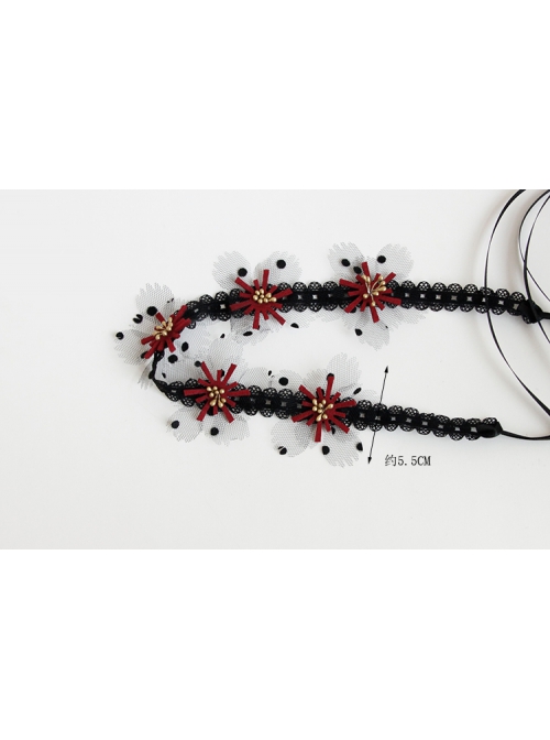 Fashion Gothic Retro Polka Dot Black Lace Red Flower Stretch Sport Hairband