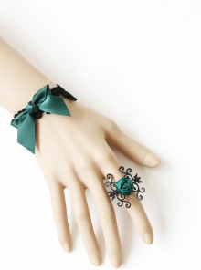 Creative Retro Handmade Dark Green Rose Flower Bow Female Black Lace Bracelet With Ring One Chain