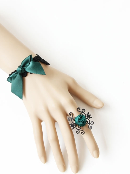 Creative Retro Handmade Dark Green Rose Flower Bow Female Black Lace Bracelet With Ring One Chain