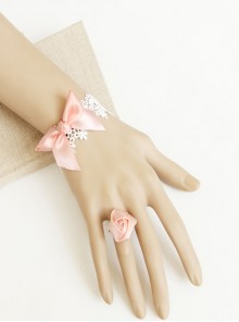 Fashion Lolita Bride Married Pink Bow Rose Flower White Lace Bracelet Ring Set