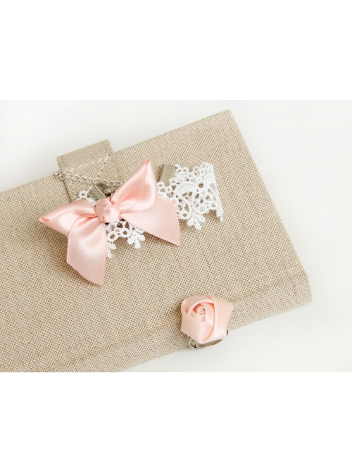 Fashion Lolita Bride Married Pink Bow Rose Flower White Lace Bracelet Ring Set