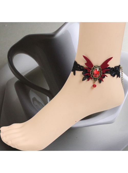 Gothic Palace Vampire Retro Black Lace Female Red Butterfly Gemstone Handmade Anklet
