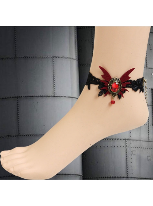 Gothic Palace Vampire Retro Black Lace Female Red Butterfly Gemstone Handmade Anklet