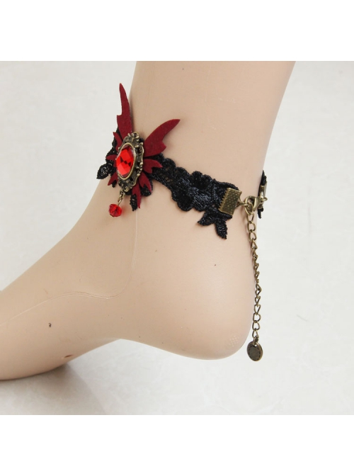 Gothic Palace Vampire Retro Black Lace Female Red Butterfly Gemstone Handmade Anklet