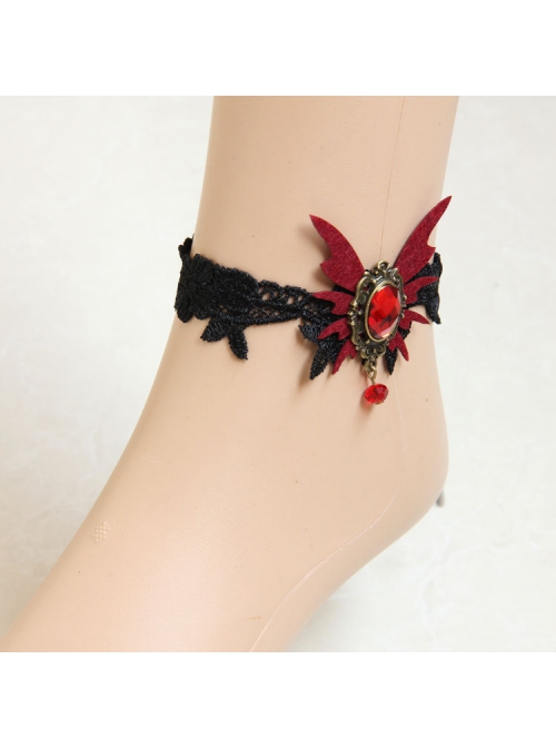 Gothic Palace Vampire Retro Black Lace Female Red Butterfly Gemstone Handmade Anklet