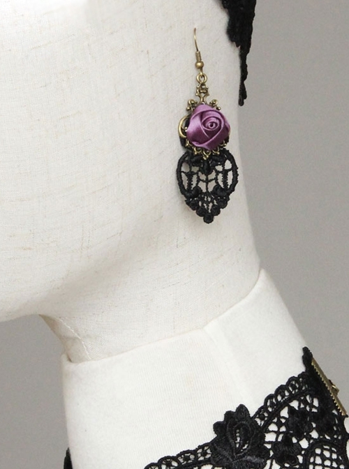 Retro Fashion Personality Black Lace Wedding Dress Purple Rose Female Long Earrings