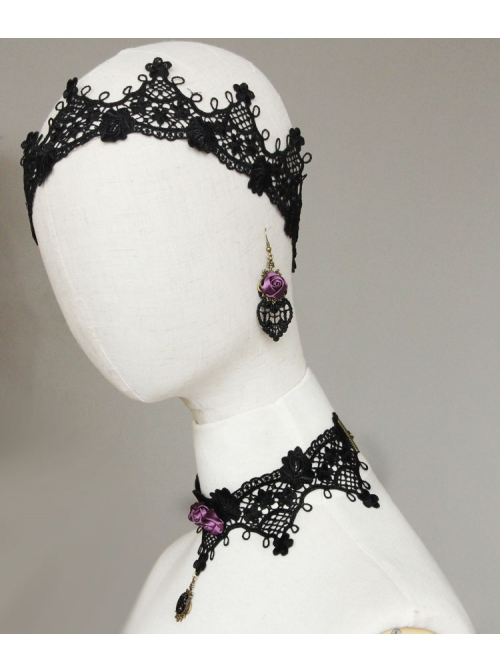 Retro Fashion Personality Black Lace Wedding Dress Purple Rose Female Long Earrings