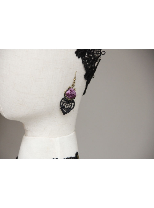 Retro Fashion Personality Black Lace Wedding Dress Purple Rose Female Long Earrings