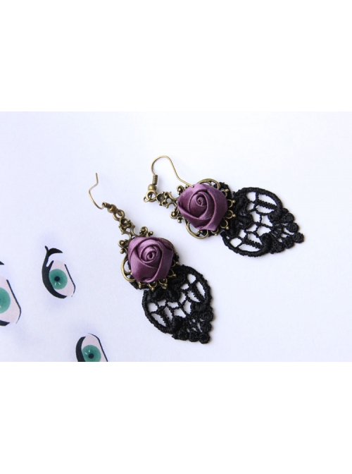 Retro Fashion Personality Black Lace Wedding Dress Purple Rose Female Long Earrings