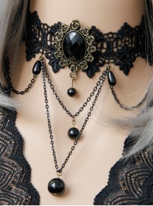 Gothic Fashion Temperament Retro Tassel Black Lace Pearl Jewel Wide Choker