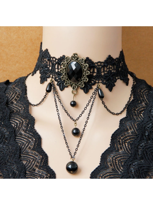 Gothic Fashion Temperament Retro Tassel Black Lace Pearl Jewel Wide Choker