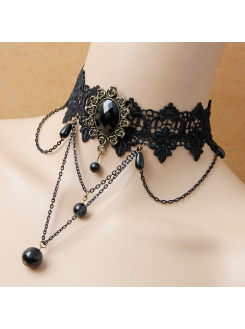 Gothic Fashion Temperament Retro Tassel Black Lace Pearl Jewel Wide Choker