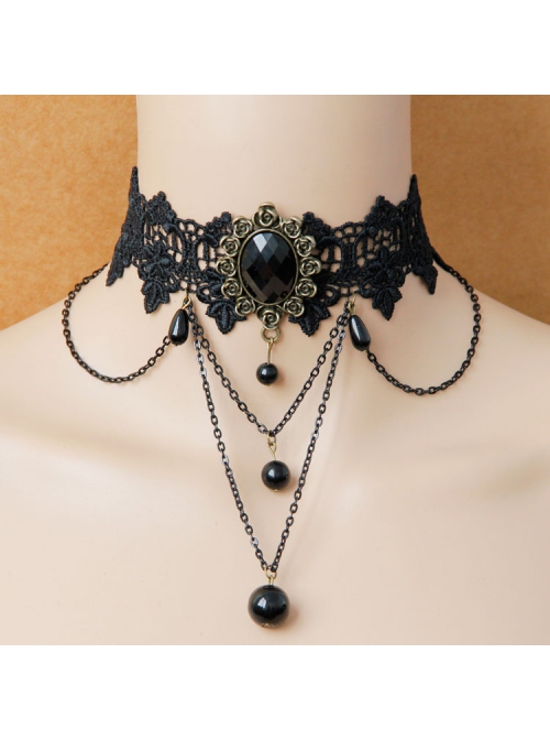 Gothic Fashion Temperament Retro Tassel Black Lace Pearl Jewel Wide Choker