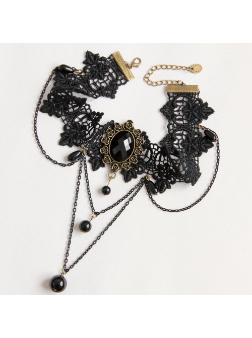 Gothic Fashion Temperament Retro Tassel Black Lace Pearl Jewel Wide Choker