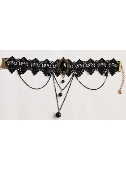 Gothic Fashion Temperament Retro Tassel Black Lace Pearl Jewel Wide Choker