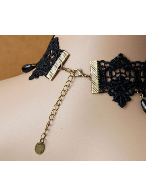 Gothic Fashion Temperament Retro Tassel Black Lace Pearl Jewel Wide Choker