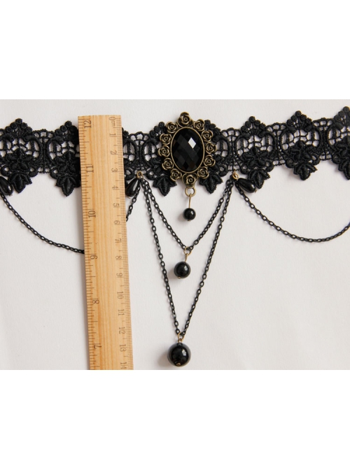 Gothic Fashion Temperament Retro Tassel Black Lace Pearl Jewel Wide Choker